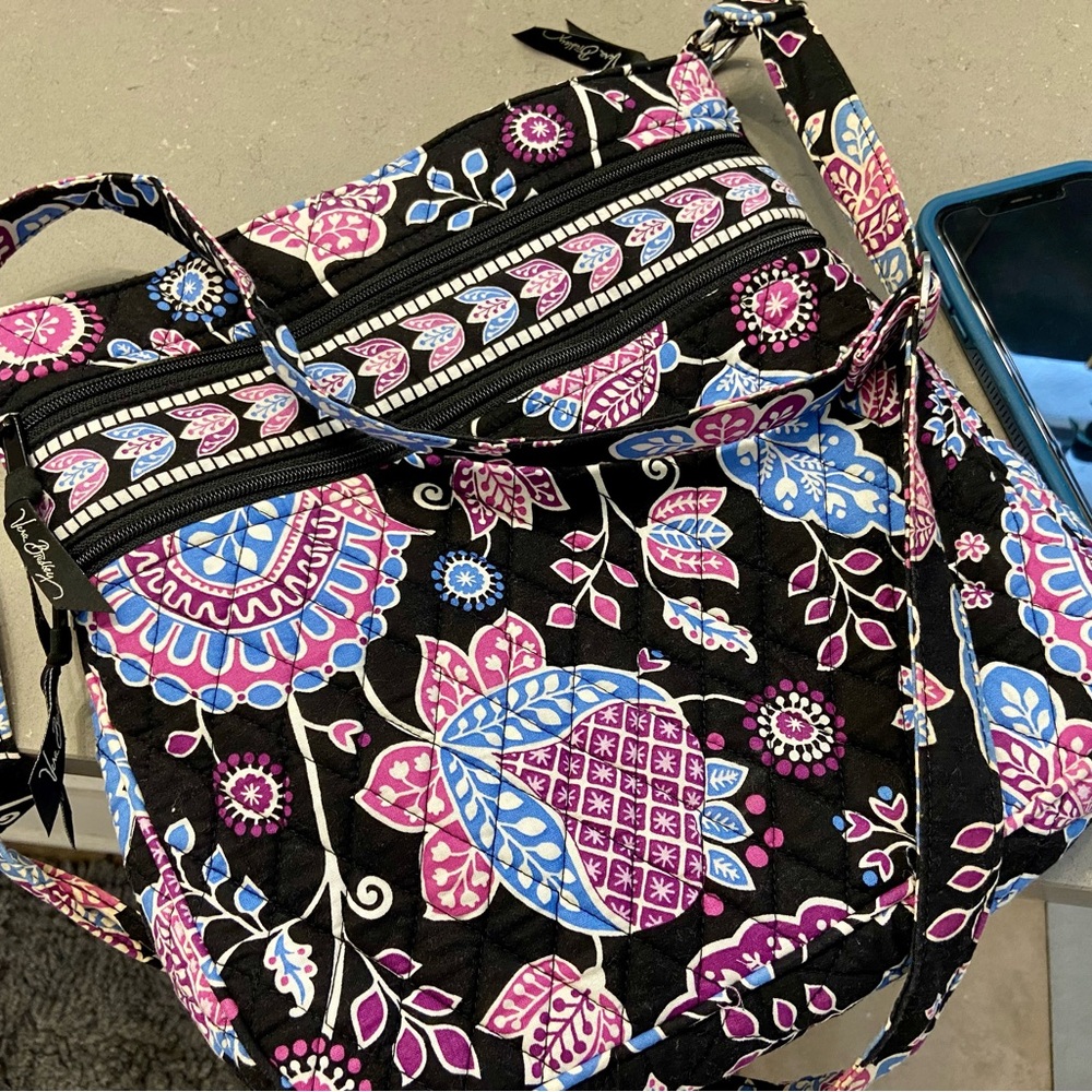 Vera Bradley Black and Pink Crossbody Bag with Quilted Floral Design